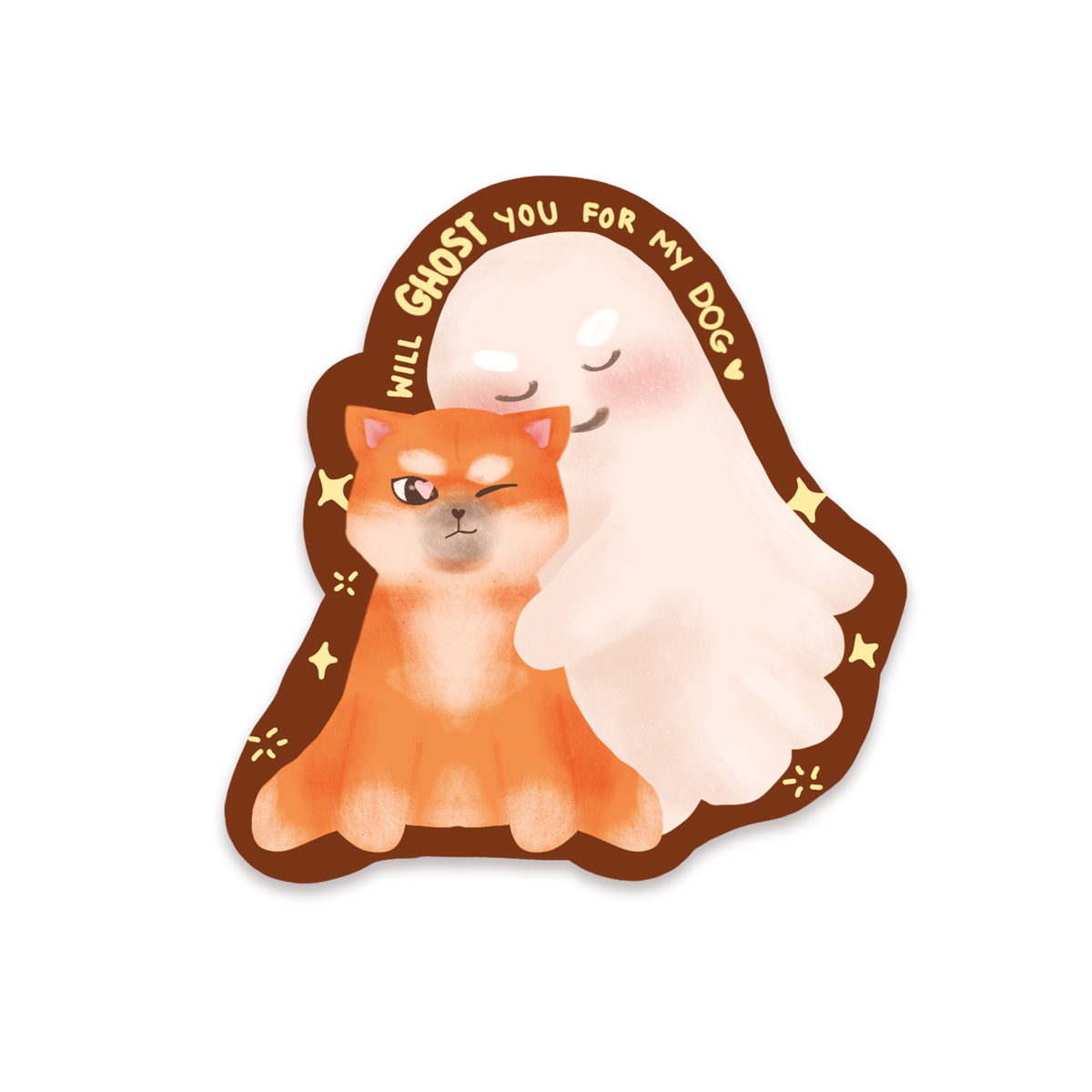 "WIll ghost you for my dog" sticker. Orange shiba with heart eyes looking at a ghost hugging it with sparkles around the two of them