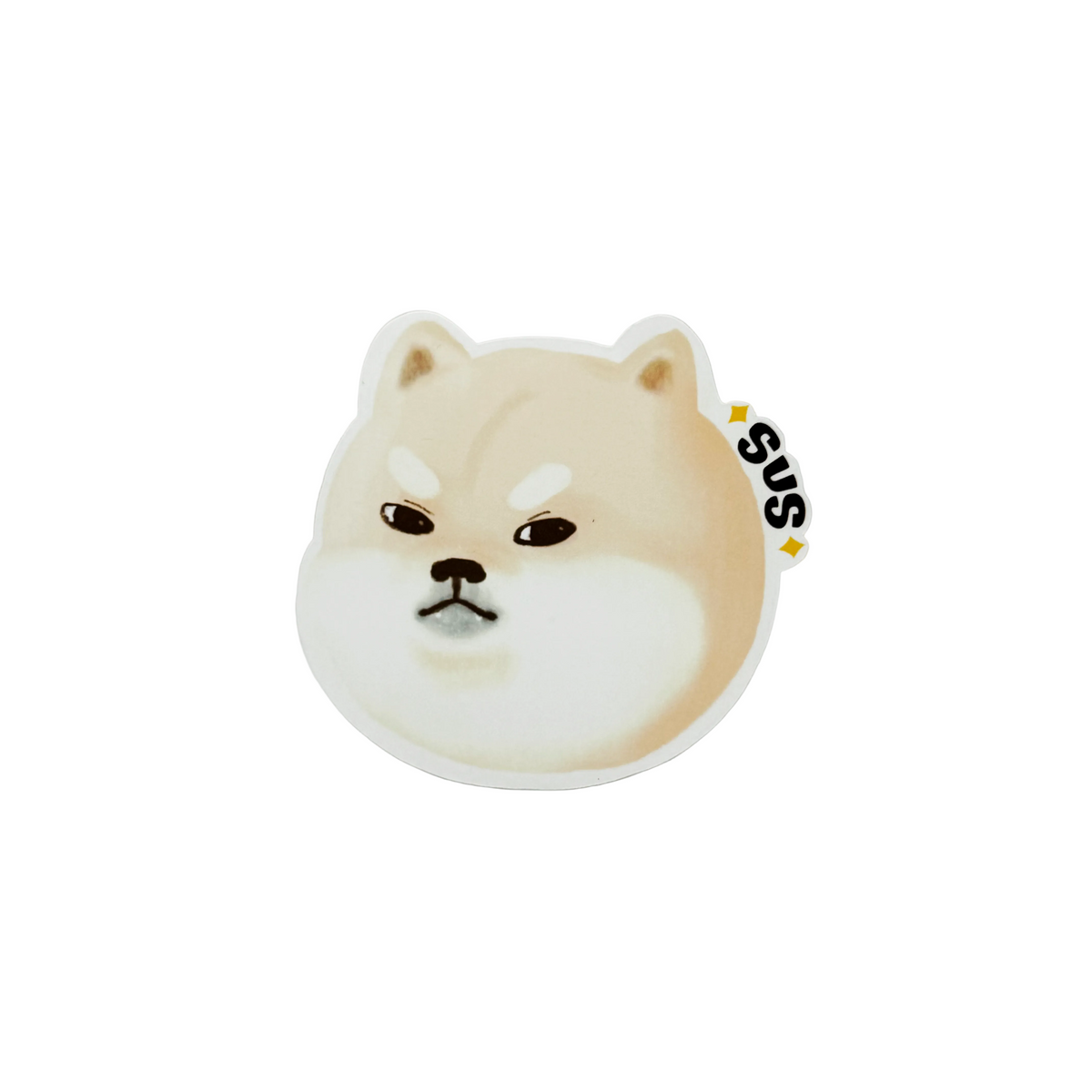 Sticker of a shiba inu dog giving you a side eye with the word sus on it