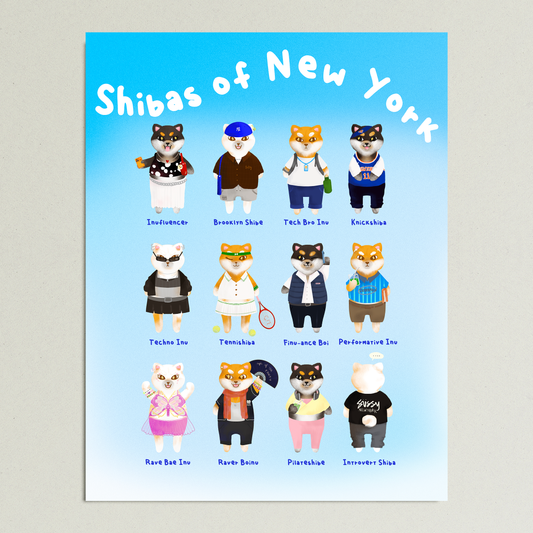 A printed poster featuring illustrated shiba inu characters in various street style and sports outfits, with the title 'Shibas of New York' at the top on a light blue background.